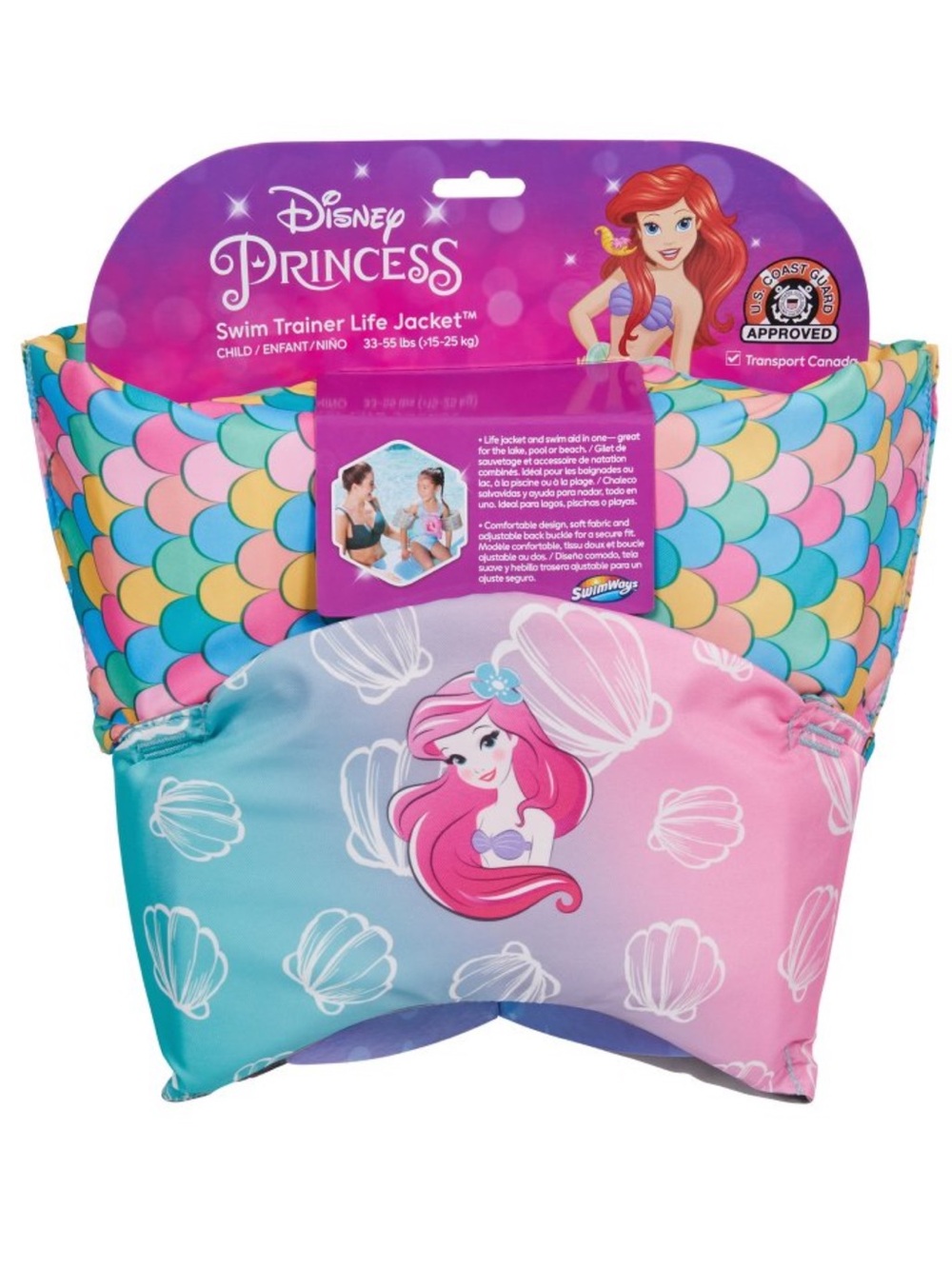 NWT Disney Princess Ariel Floatation Vest - Pink Aqua Multicolor Mermaid Scales